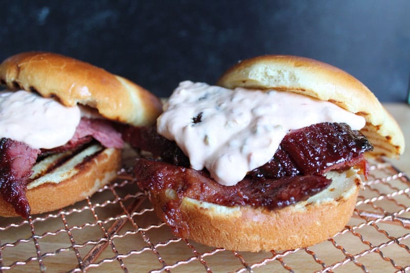 thousand island dressing on top of a sandwich