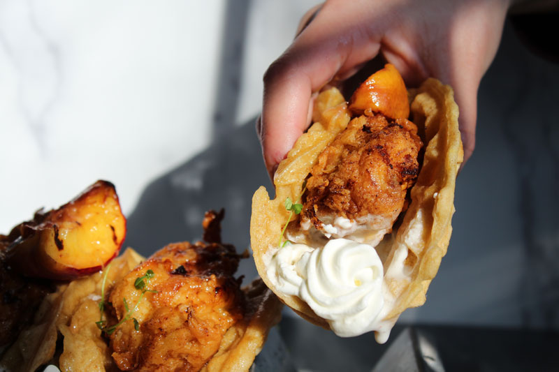 A hand picking up a taco