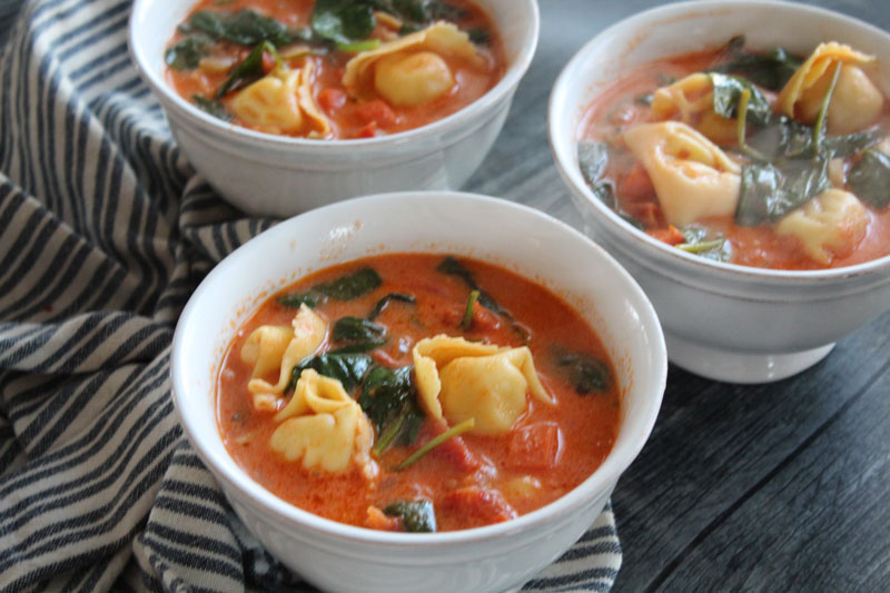 three bowls of sun dried tomato tortellini soup