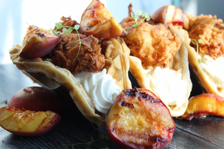 Grilled Peach Fried Chicken and Waffle Tacos