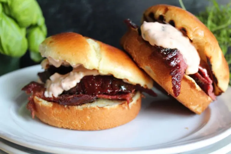 Bourbon Molasses Corned Beef Sandwich with Homemade Thousand Island